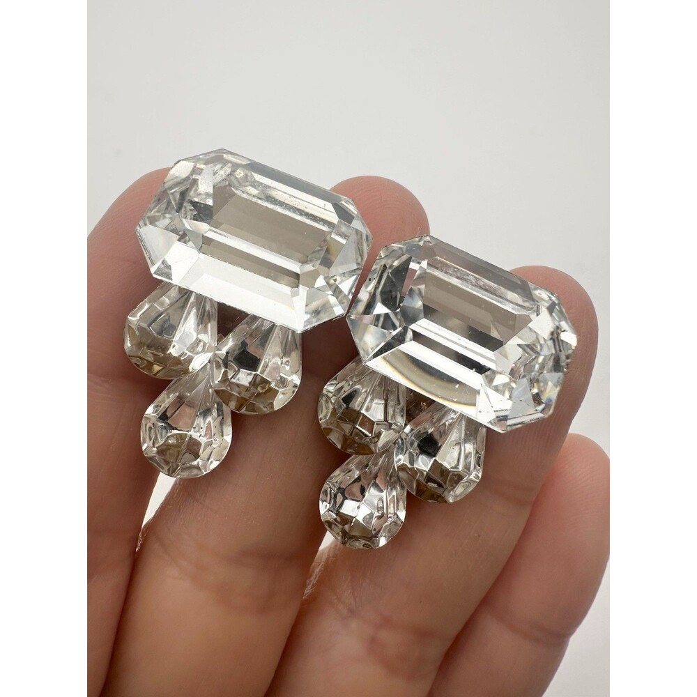 Vintage Statement Clear Rhinestone Clip On Earrings Gold Tone